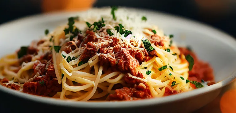 En tallerken med spaghetti og kødsovs